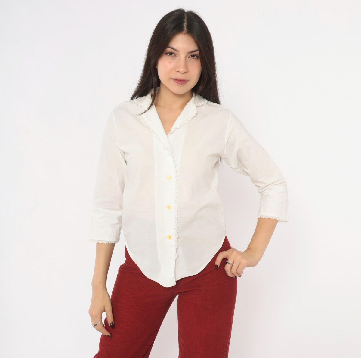 70s Lady Manhattan White Cotton Blouse Lace Trim V Neck Three Quarter Sleeve Extra Small