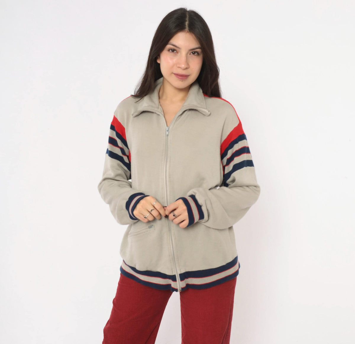 80s Track & Court Zip Jacket Grey Navy Red Stripe Bomber Medium