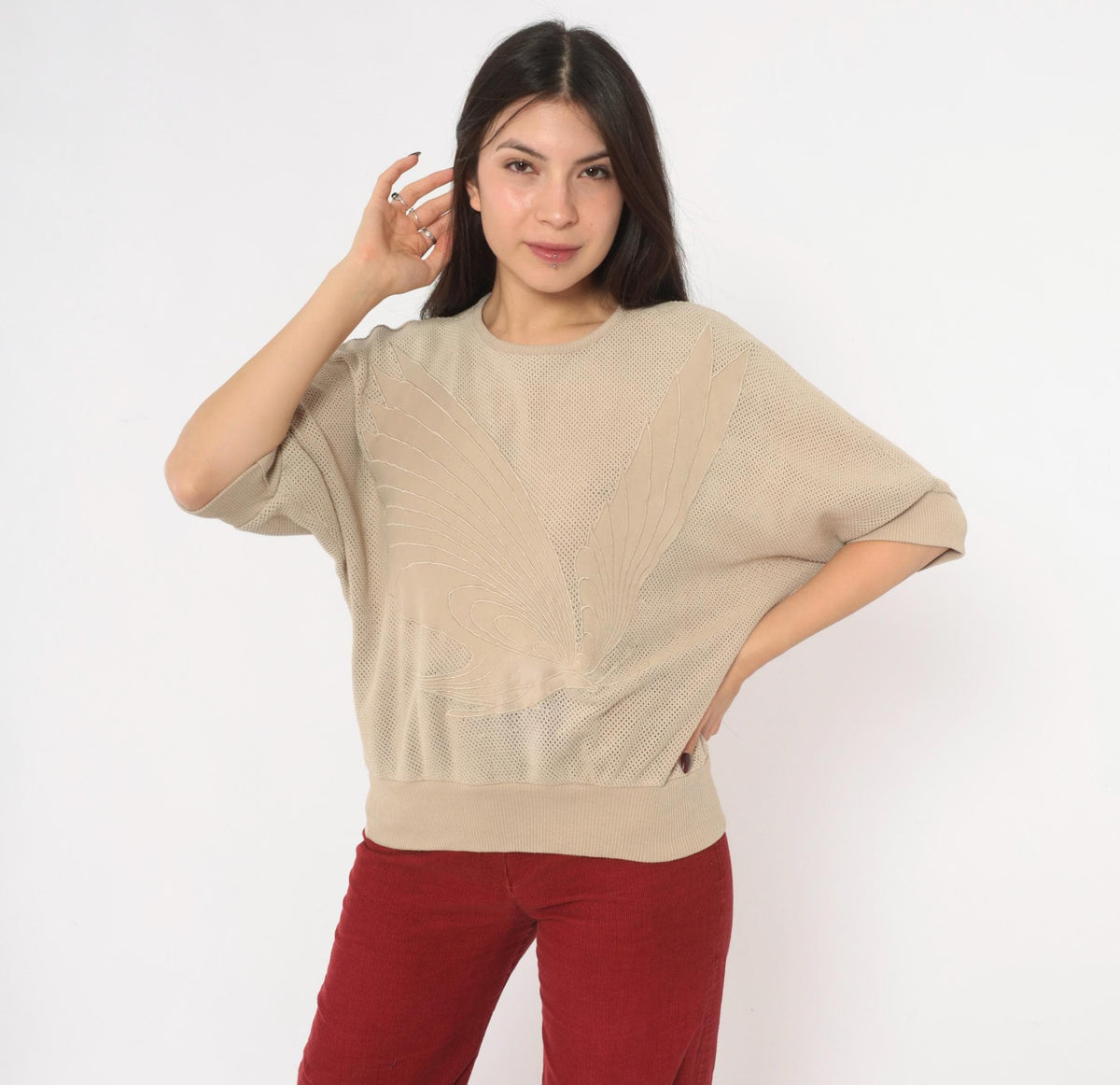80s Stephanie Beige Mesh Knit Top Dolman Batwing Butterfly Appliqué Medium