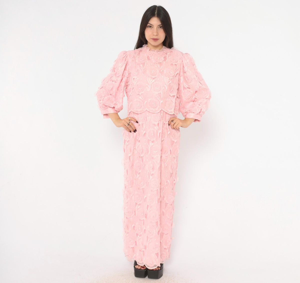 80s Bernadette Designs Pink Maxi Dress Floral Embroidered Puff Sleeve Large L