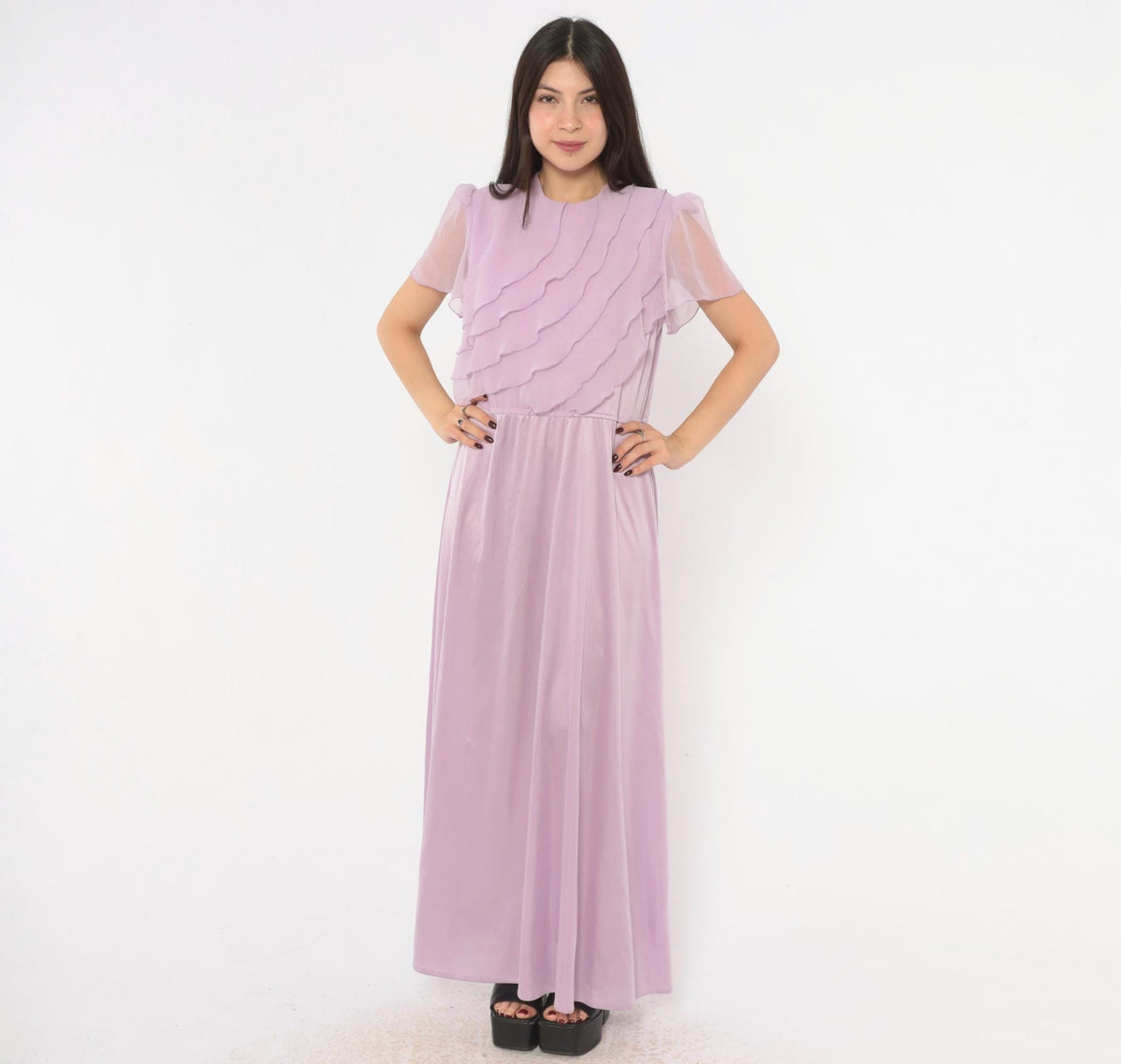 70s Lilac Chiffon Maxi Dress Flutter Sleeve A-Line Purple Pastel Large L