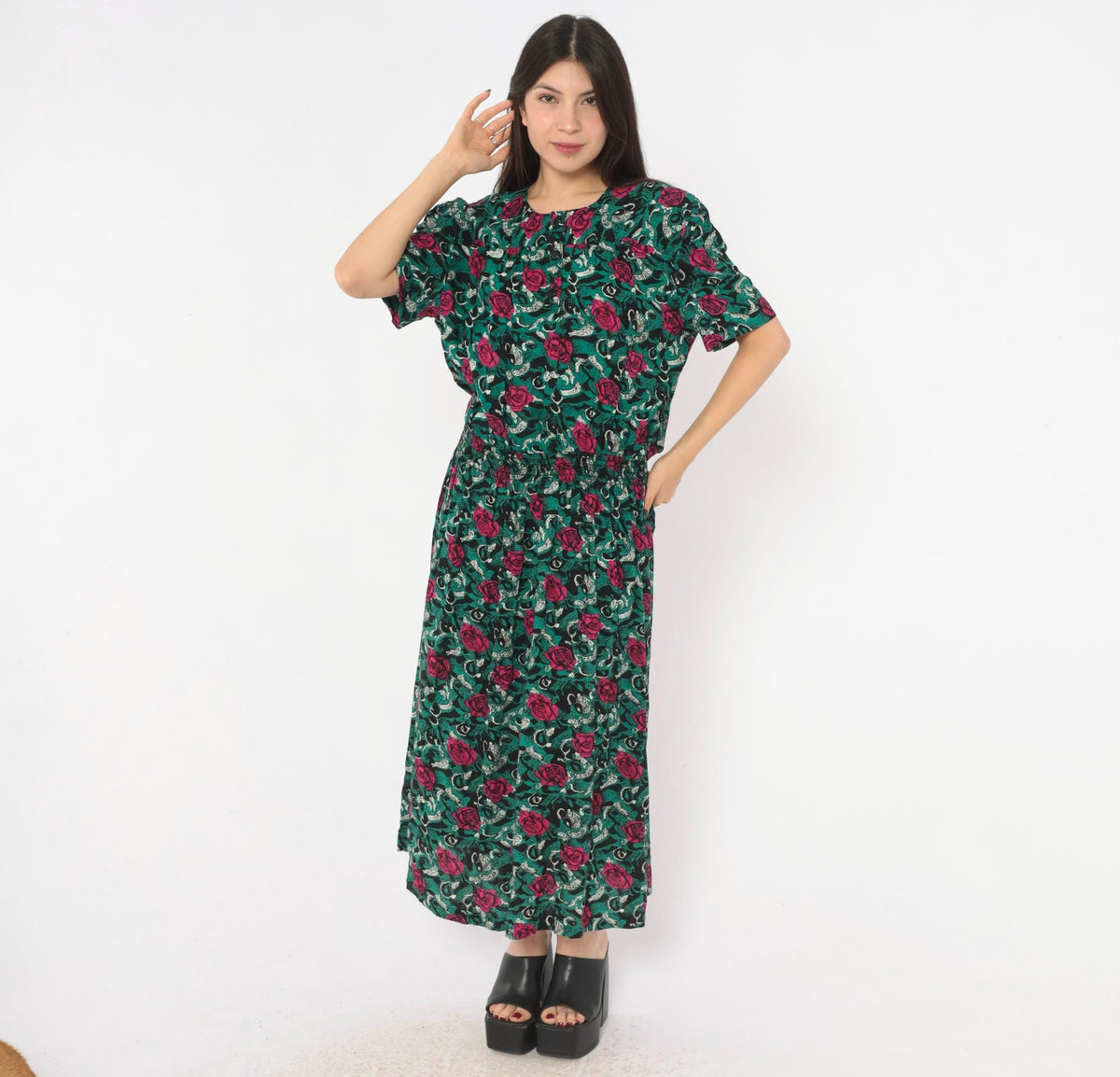 90s Virgo II Rose Print Maxi Dress Teal Pink Button Front Medium