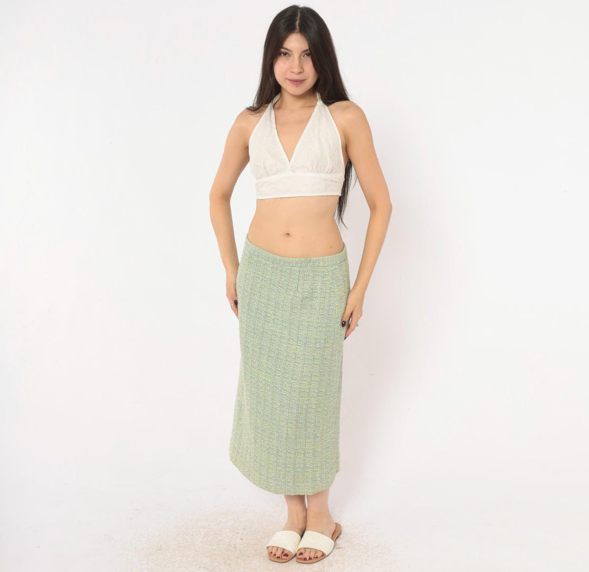 Y2K Green Tweed Midi Skirt Henry Lee Boucle High Waist Pencil Medium M