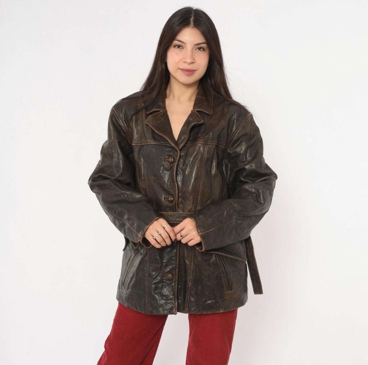 90s Oakwood Brown Leather Jacket Belted Waist Button Front Moto Large