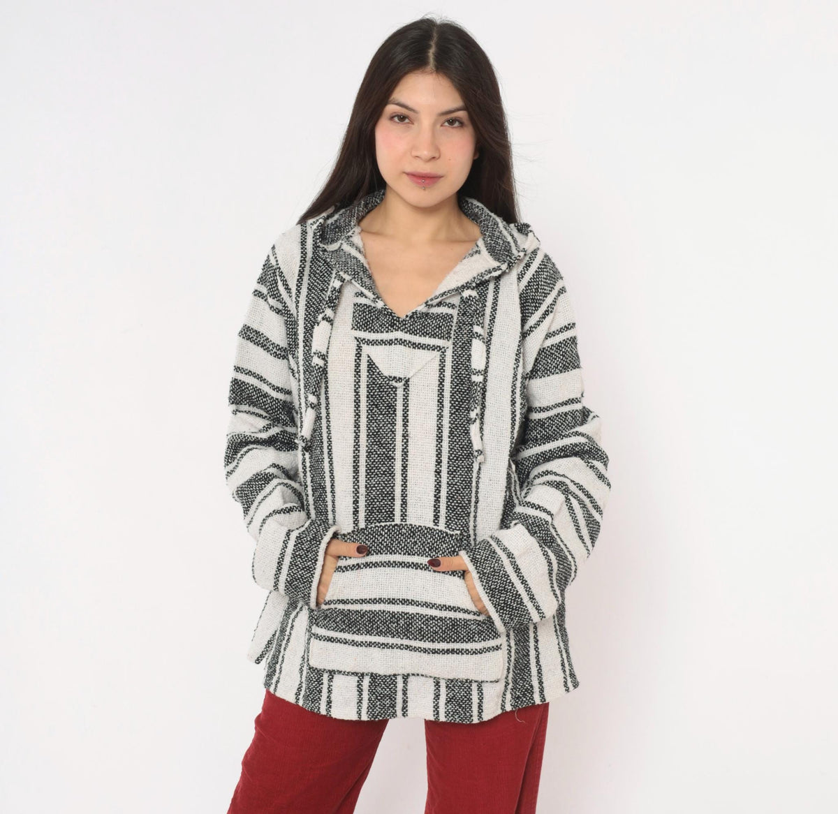 90s Baja Hoodie Black White Striped Woven Pullover Kangaroo Pocket Large L