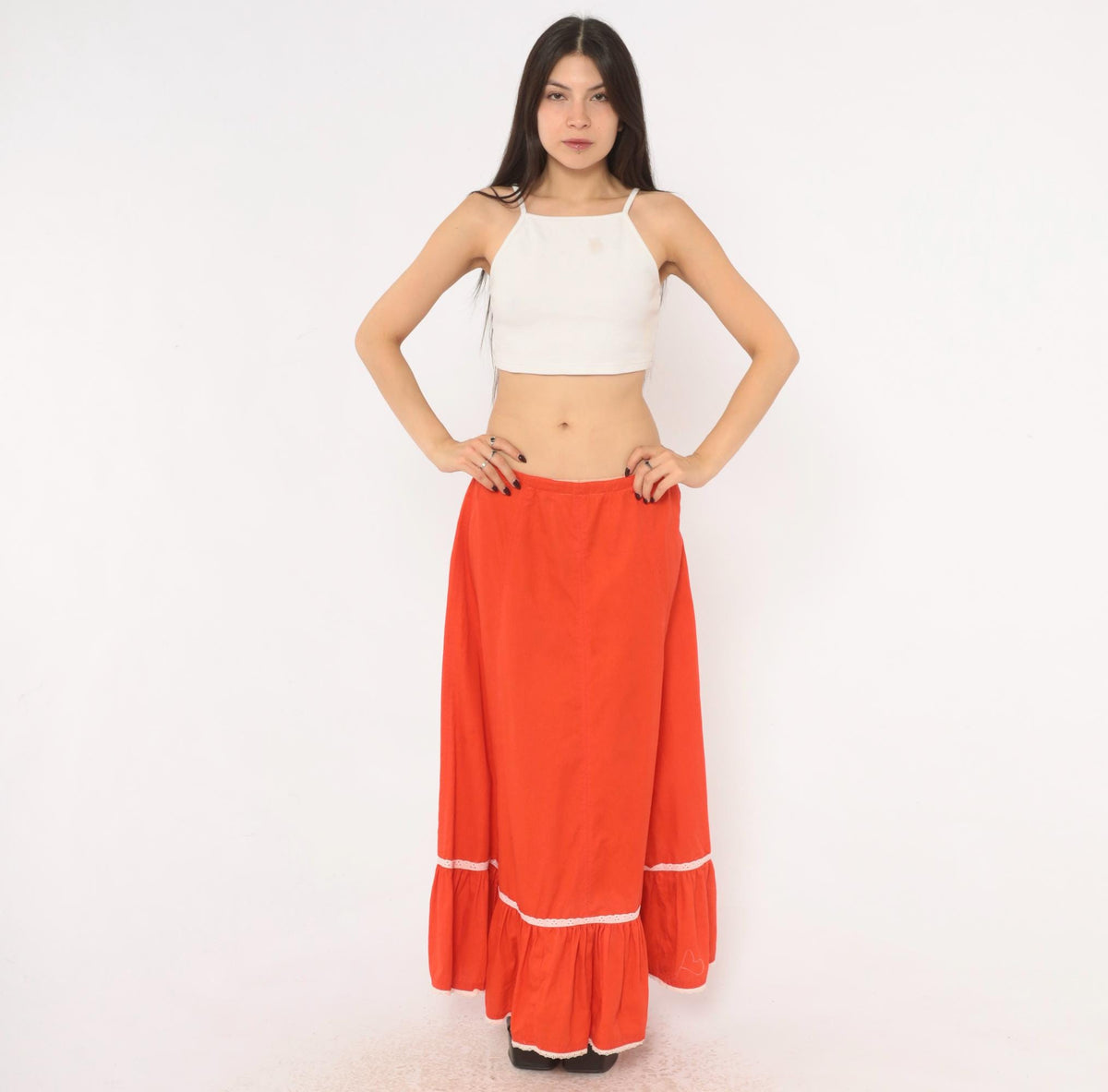 70s Orange Prairie Skirt Tiered Ruffle Eyelet Lace Trim Ankle Length Large