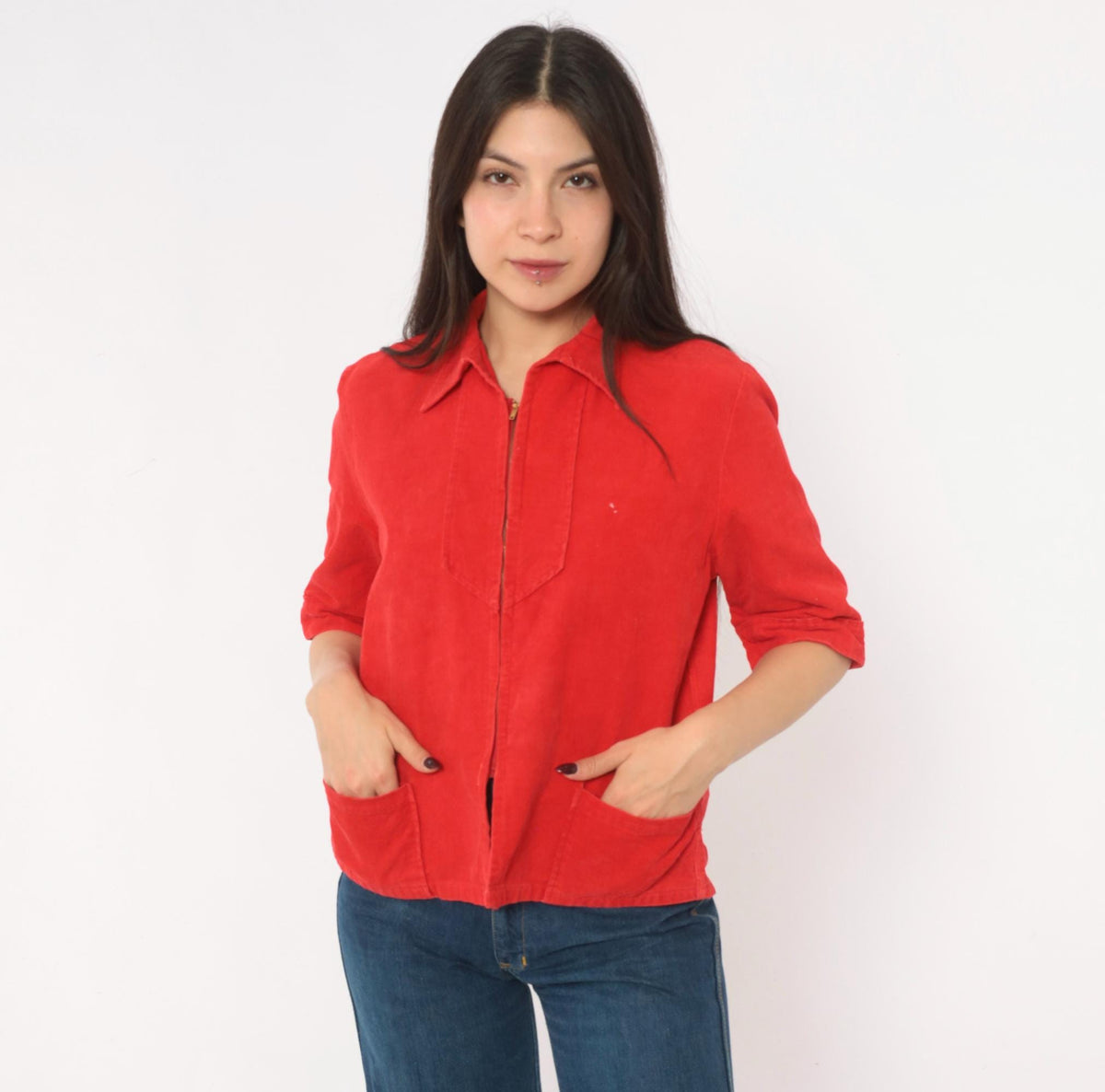 70s Red Corduroy Zip Shirt Pointed Collar Patch Pocket Cropped Blouse Small S