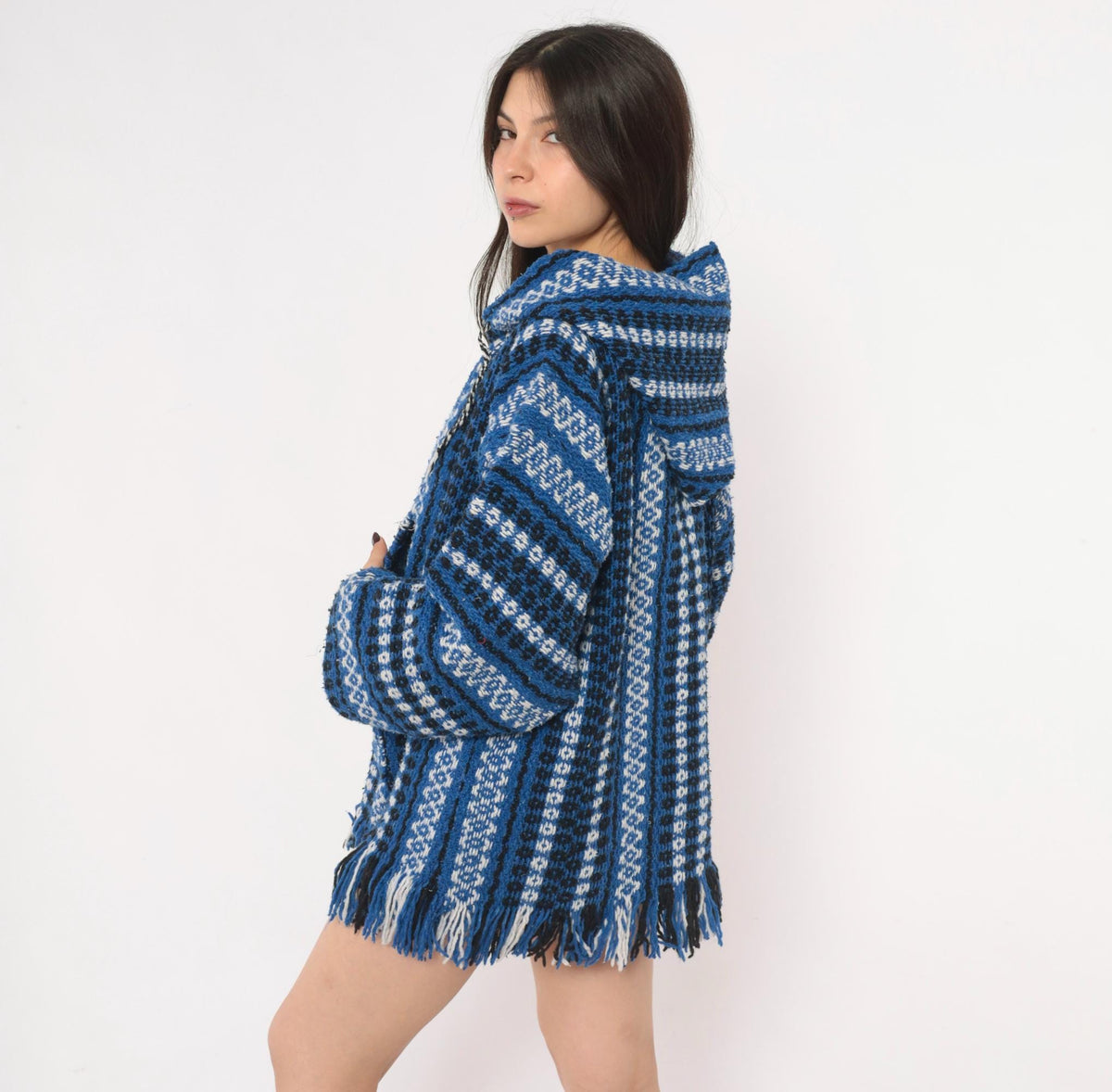90s Cobalt Blue Baja Hoodie Woven Stripe Kangaroo Pocket Unisex Large