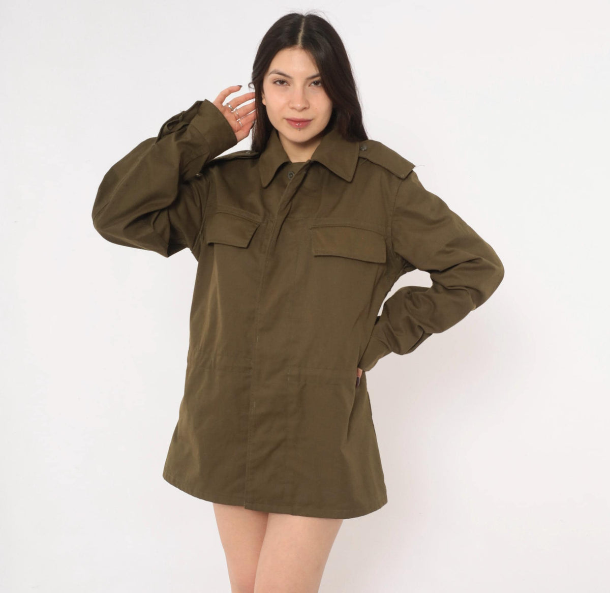90s Olive Green Military Field Jacket Cotton Button Front Medium