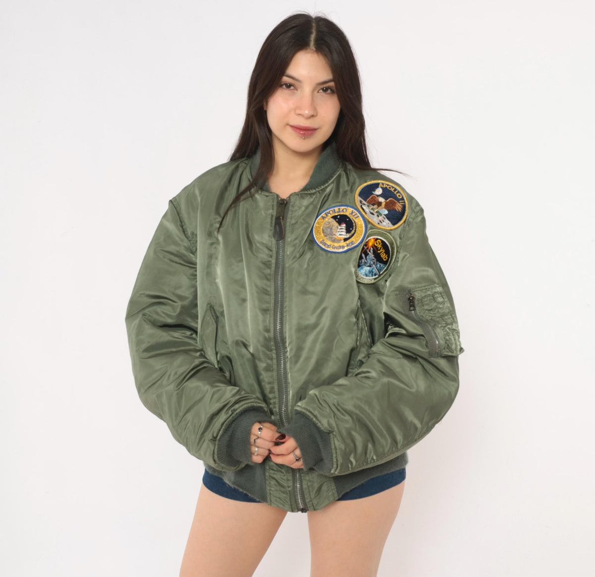 90s MA-1 Bomber Jacket Olive Green Reversible Orange Flight Coat Large L