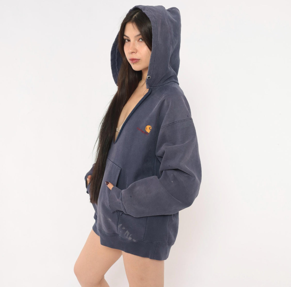 Y2K Carhartt Navy Hooded Sweatshirt Distressed Raglan Cotton Large