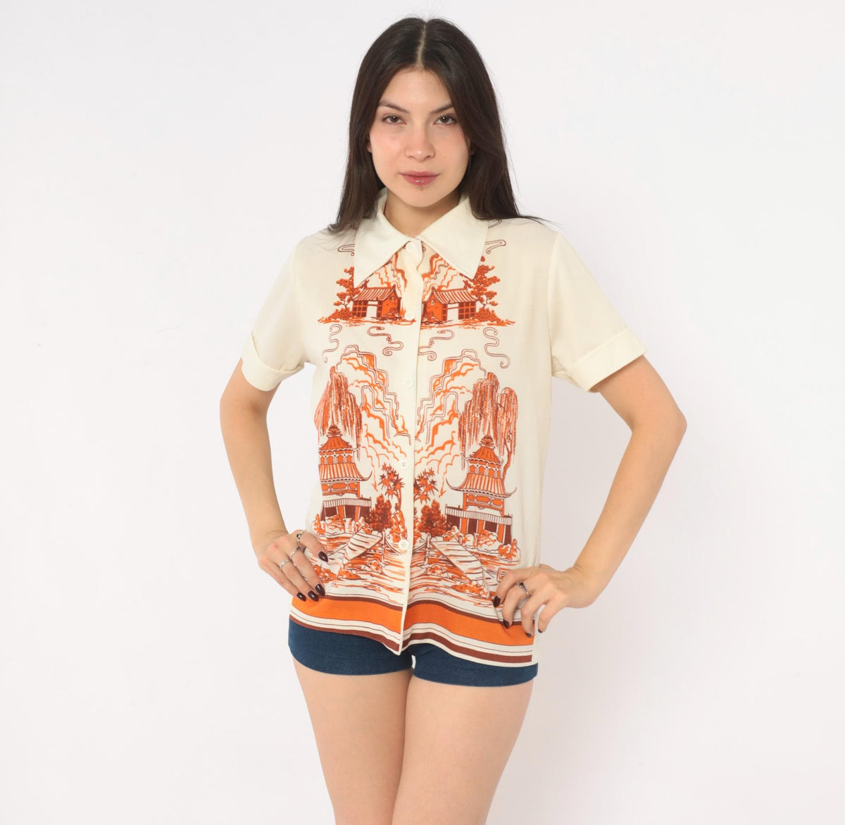 70s Pagoda Willow Tree Scenic Print Blouse Cream Orange Pointed Collar Medium
