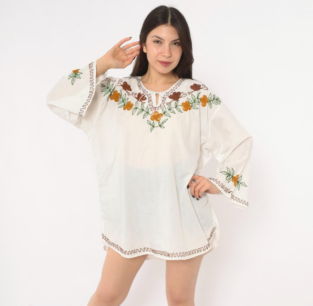 90s White Embroidered Bell Sleeve Tunic Blouse Brown Butterfly Keyhole Tie Neck Extra Large XL