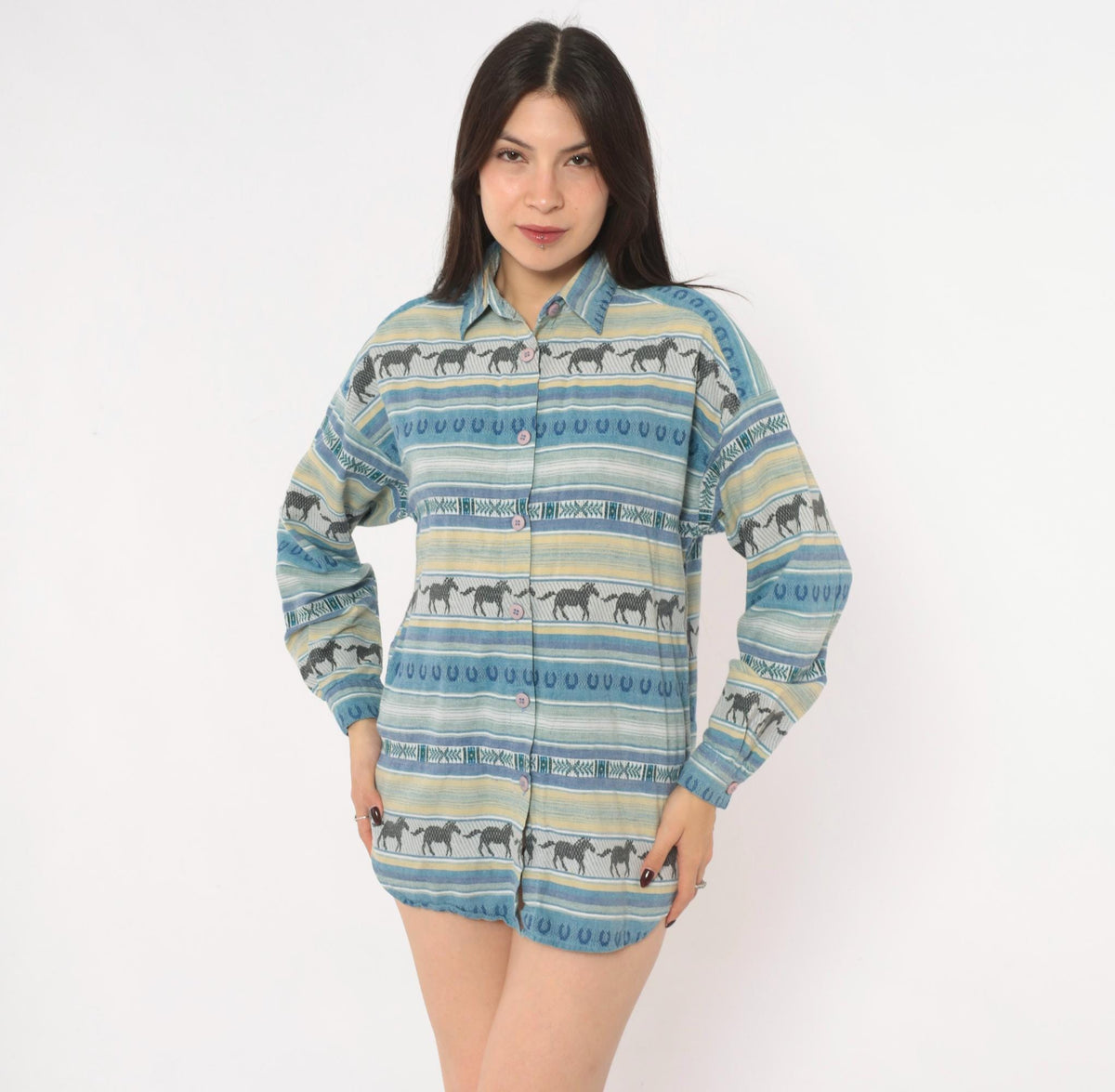 90s CM Company Horse Print Western Shirt Blue Cream Striped Cotton Small