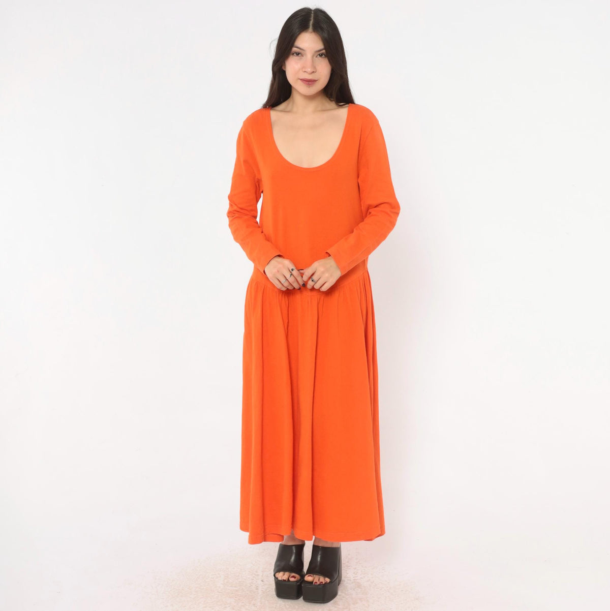 90s Oakbrook Sport Orange Cotton Dress Drop Waist Long Sleeve Medium