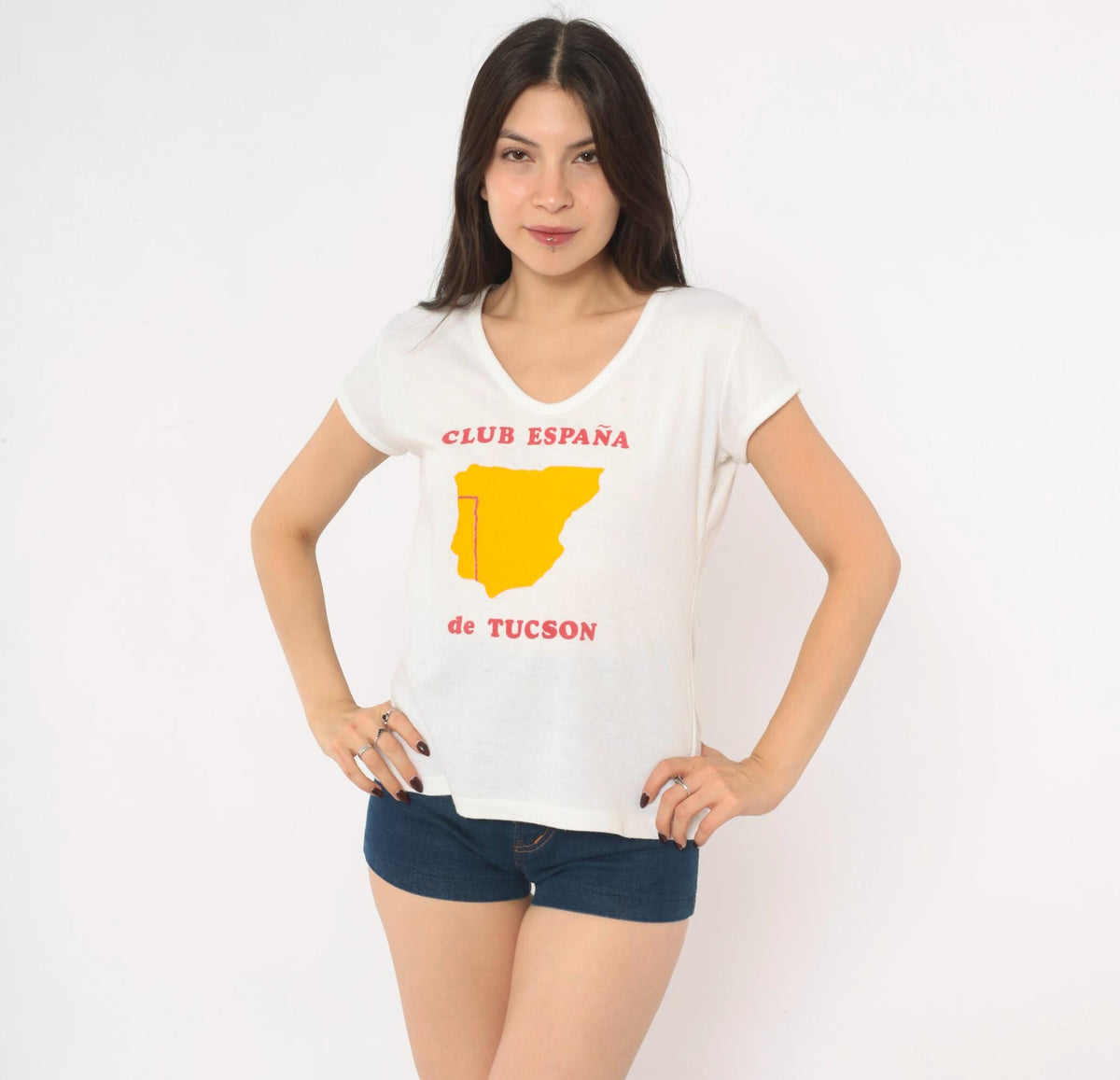 80s Club España Tucson Souvenir Tee White V-Neck Spain Map Print Large