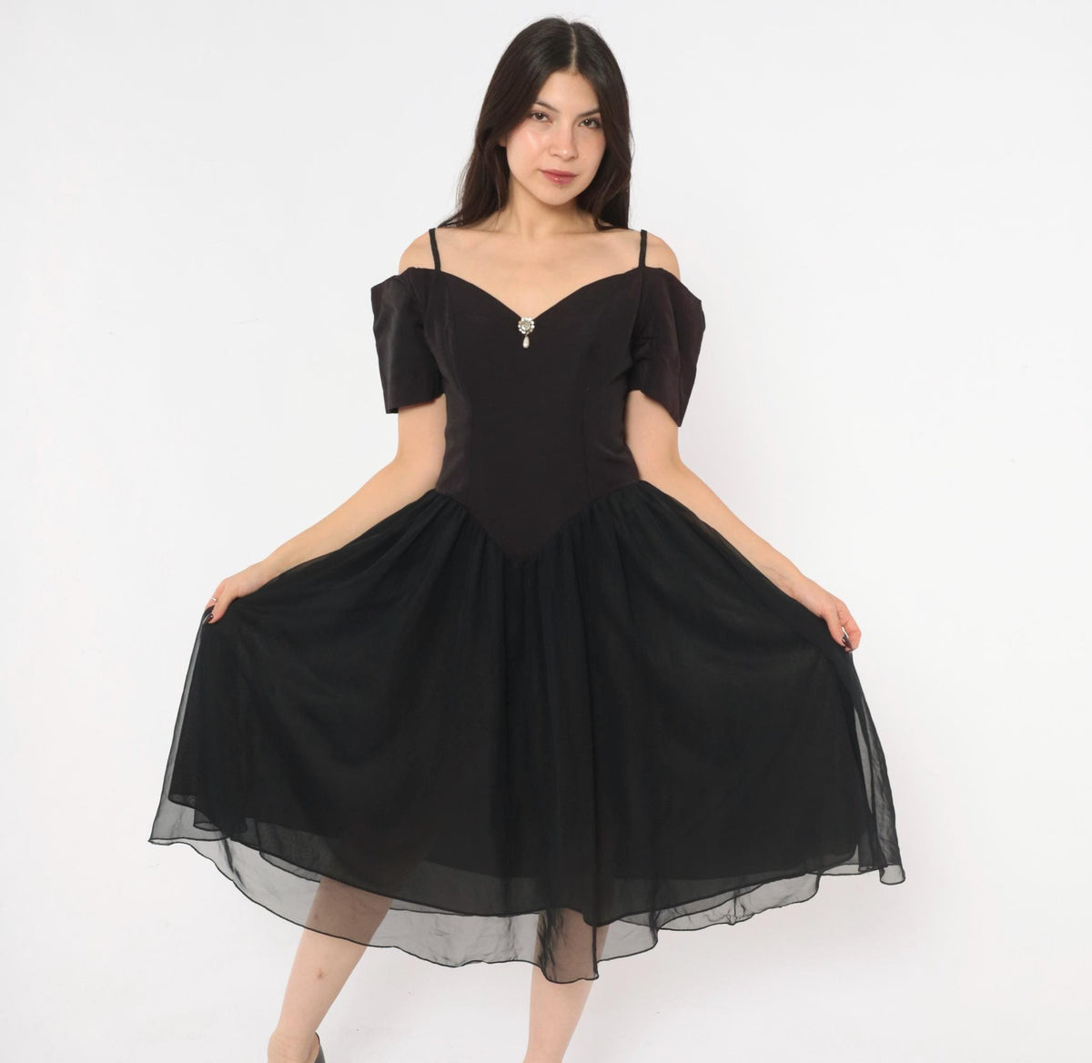 90s Nite Scarlett Black Midi Dress Sweetheart Neckline Puff Sleeve Small
