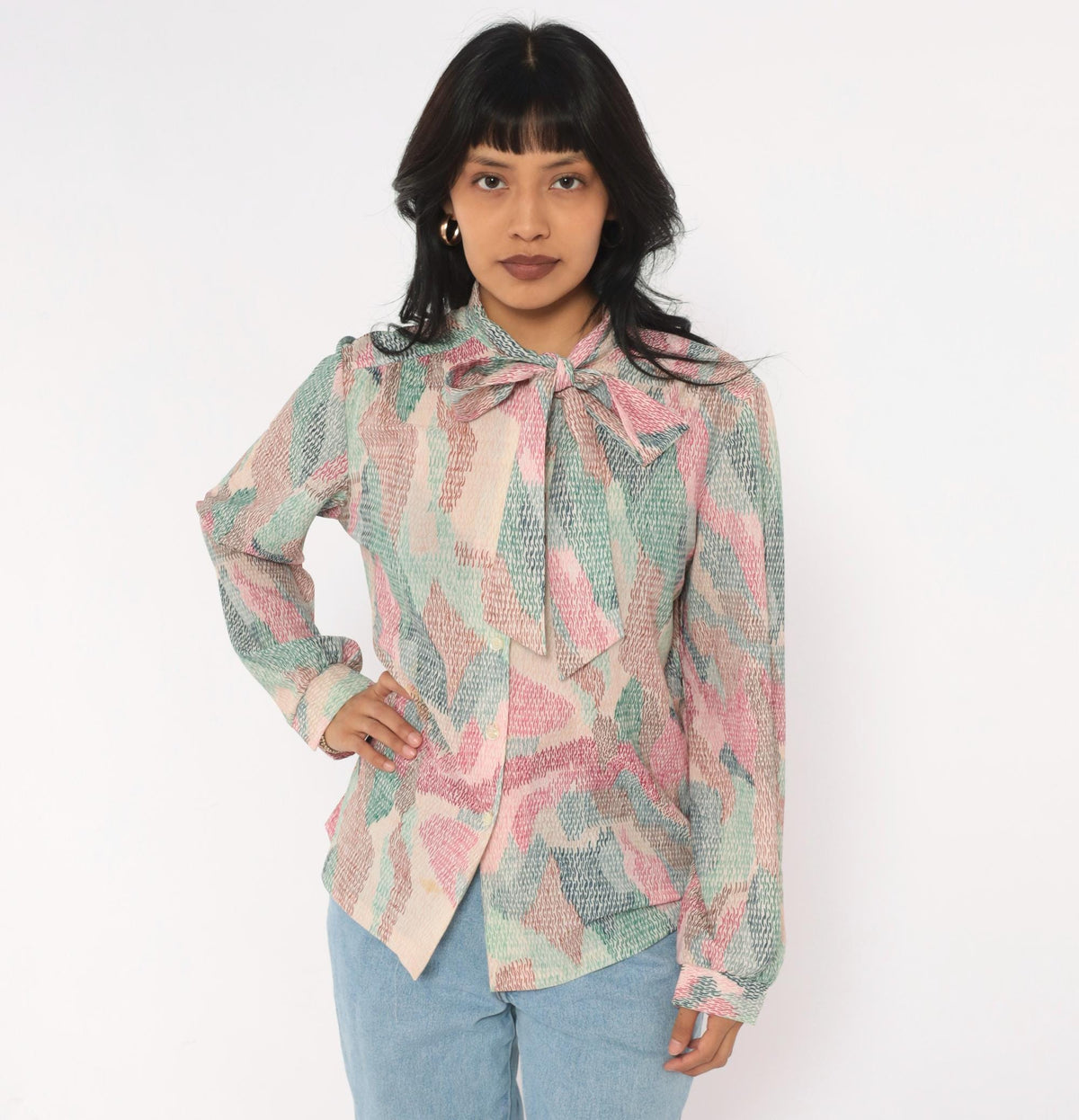 70s Devon Abstract Print Blouse Pink Bow Tie Neck Button Front Medium