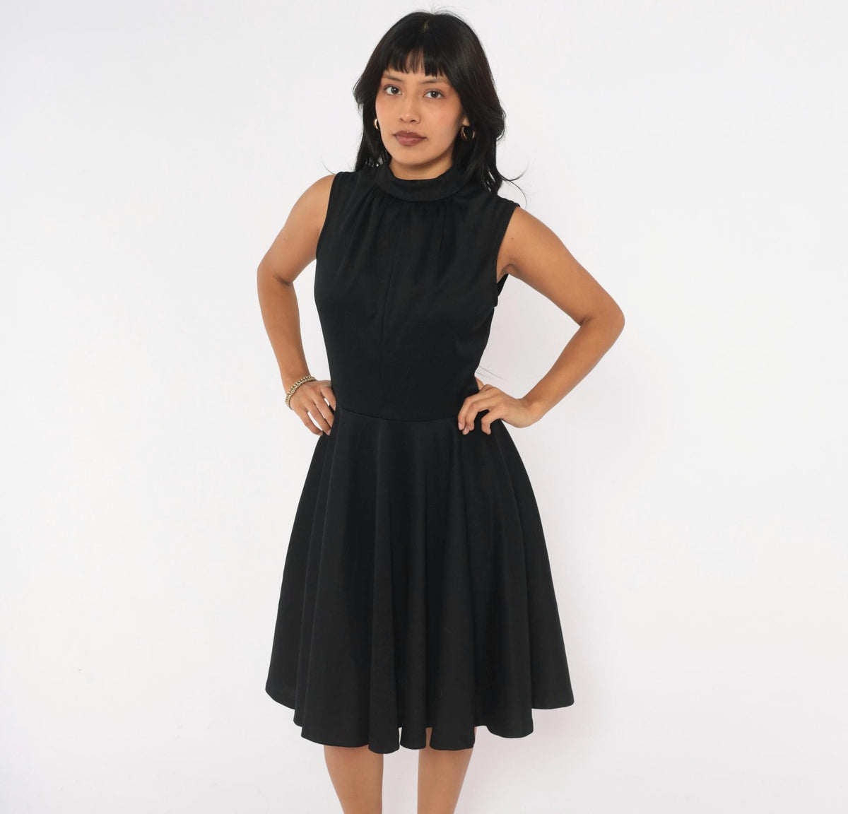 70s Black Mock Neck Sleeveless Dress Circle Skirt Knee Length Medium M