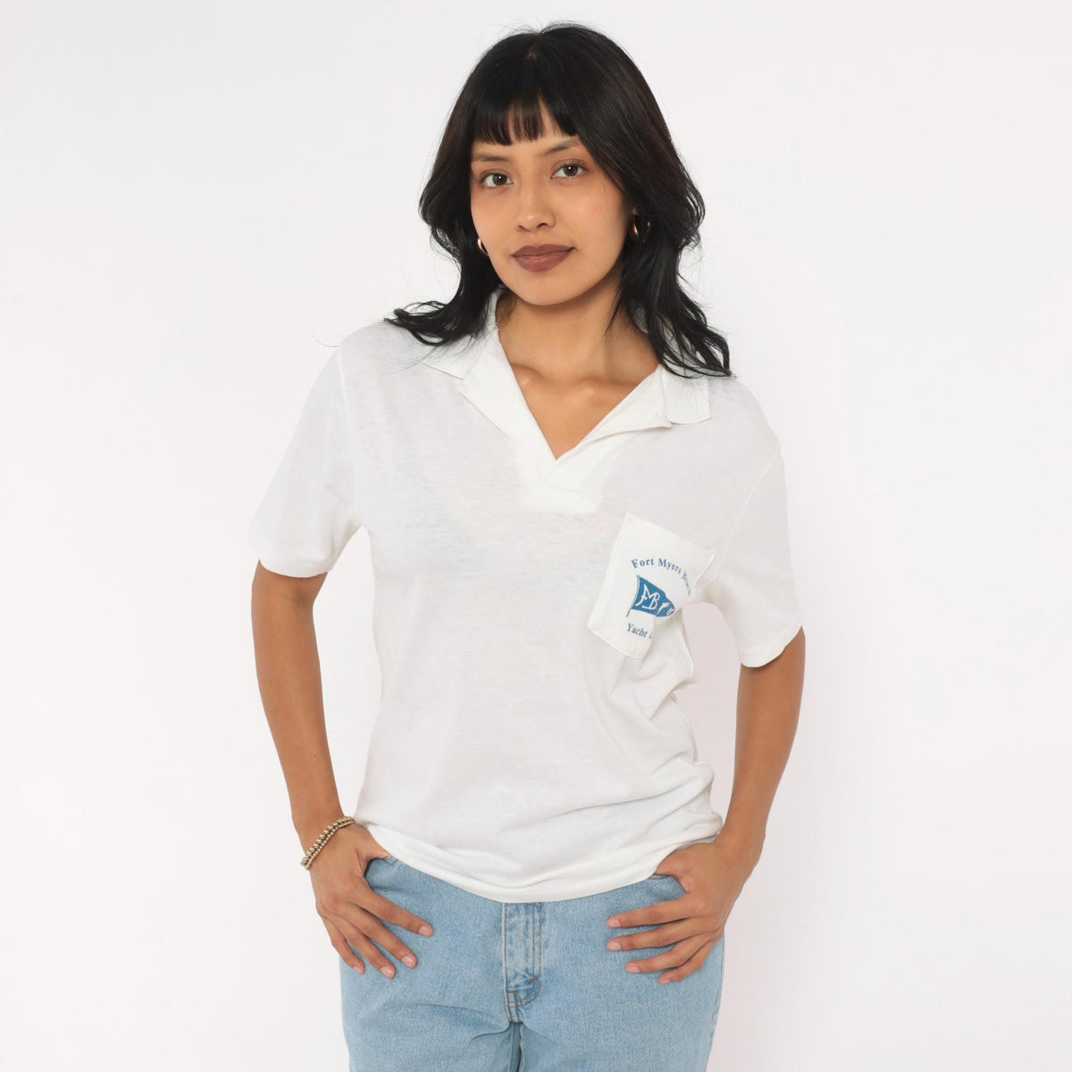 80s Fort Myers Beach Yacht Club Polo Shirt White Cotton Small
