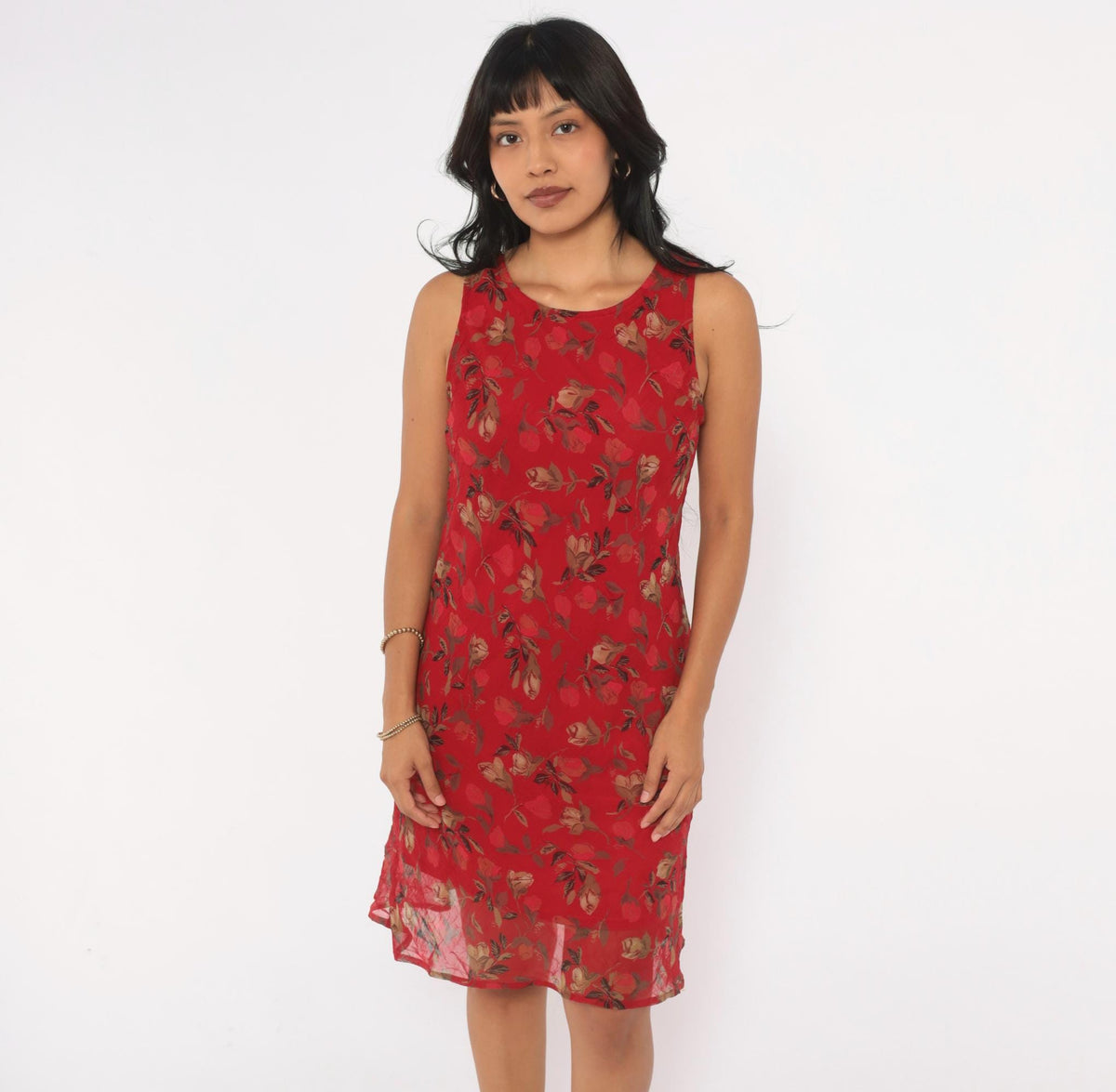 90s City Triangles Red Floral Dress Knee Length Sleeveless Small S
