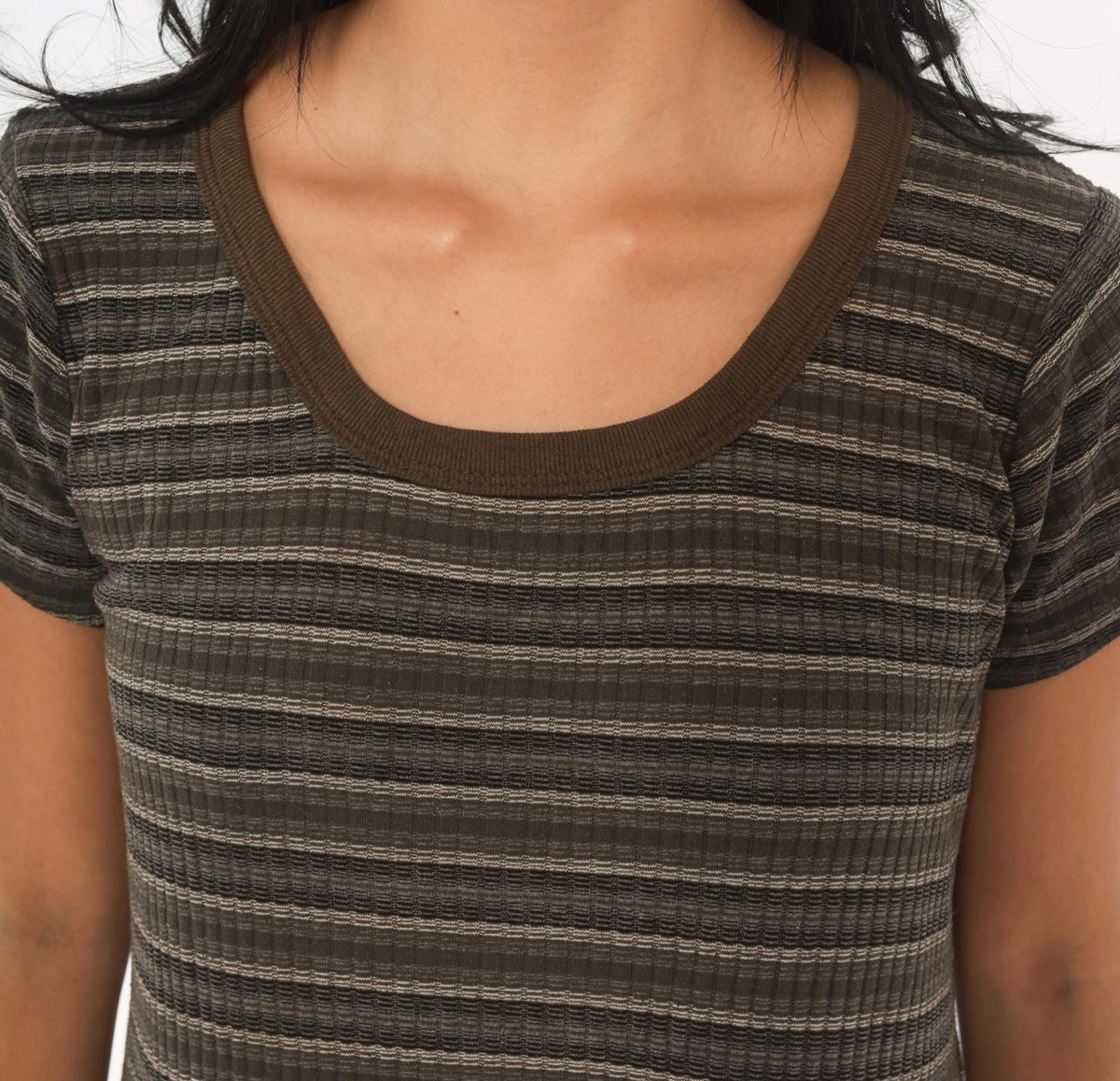 90s No Boundaries Striped Ribbed Knit Midi Dress Olive Brown Scoop Neck Large
