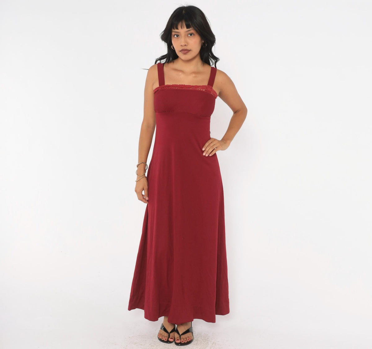 70s Burgundy Maxi Dress Empire Waist Crochet Trim Spaghetti Strap Extra Small XS