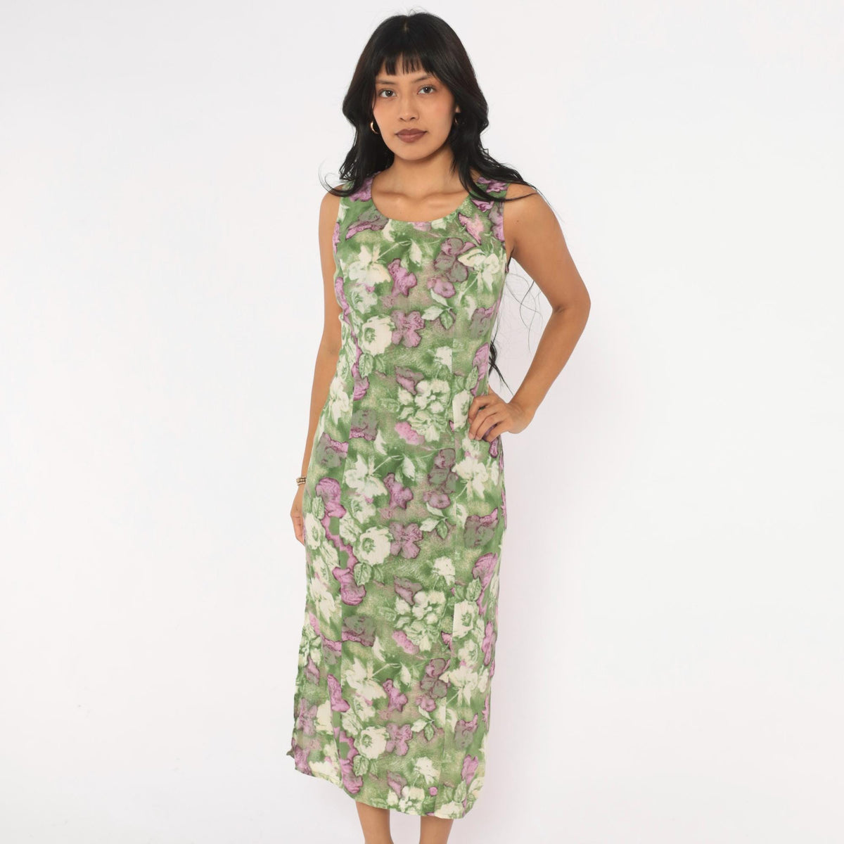 90s Caroline Wells Floral Midi Dress Green Purple Watercolor Small S