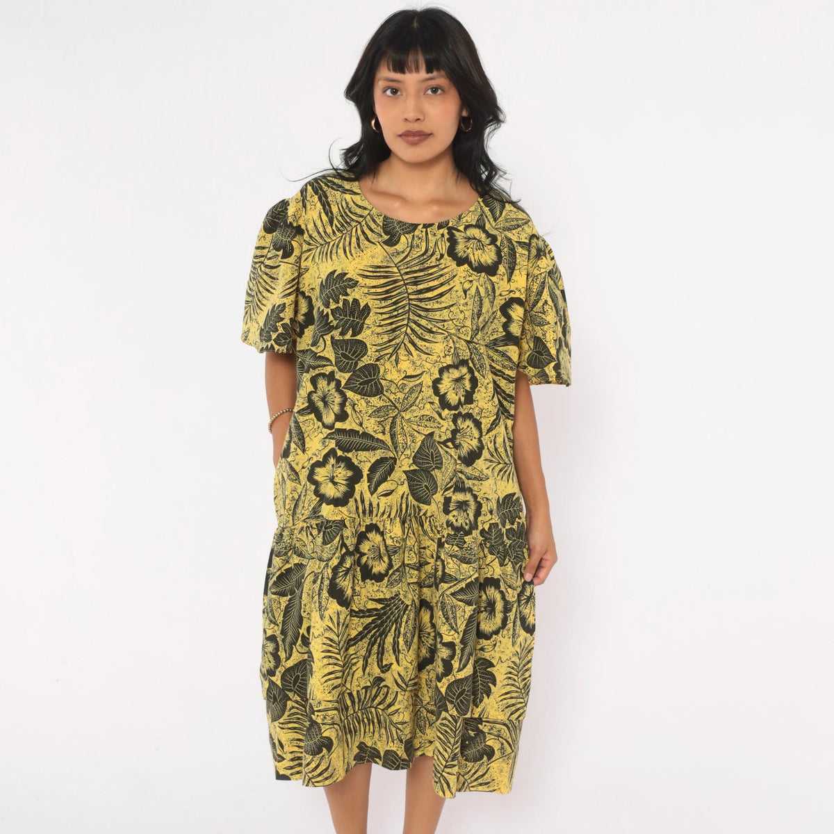 80s Yellow Black Hibiscus Tropical Floral Cotton Dress Flutter Sleeve Extra Large