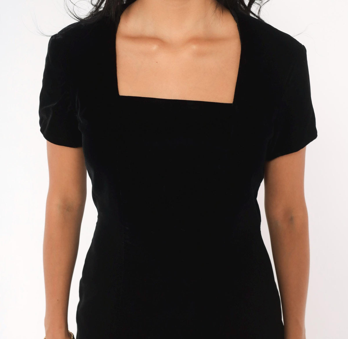 90s Sara Campbell Velvet Midi Dress Black Square Neck Short Sleeve Small S