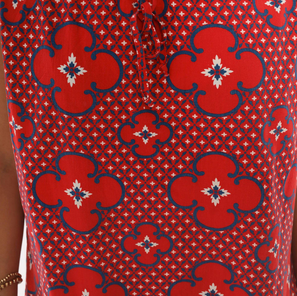 80s Red Floral Cotton Sundress Cobalt Geometric Print Drop Waist Cap Sleeve Large