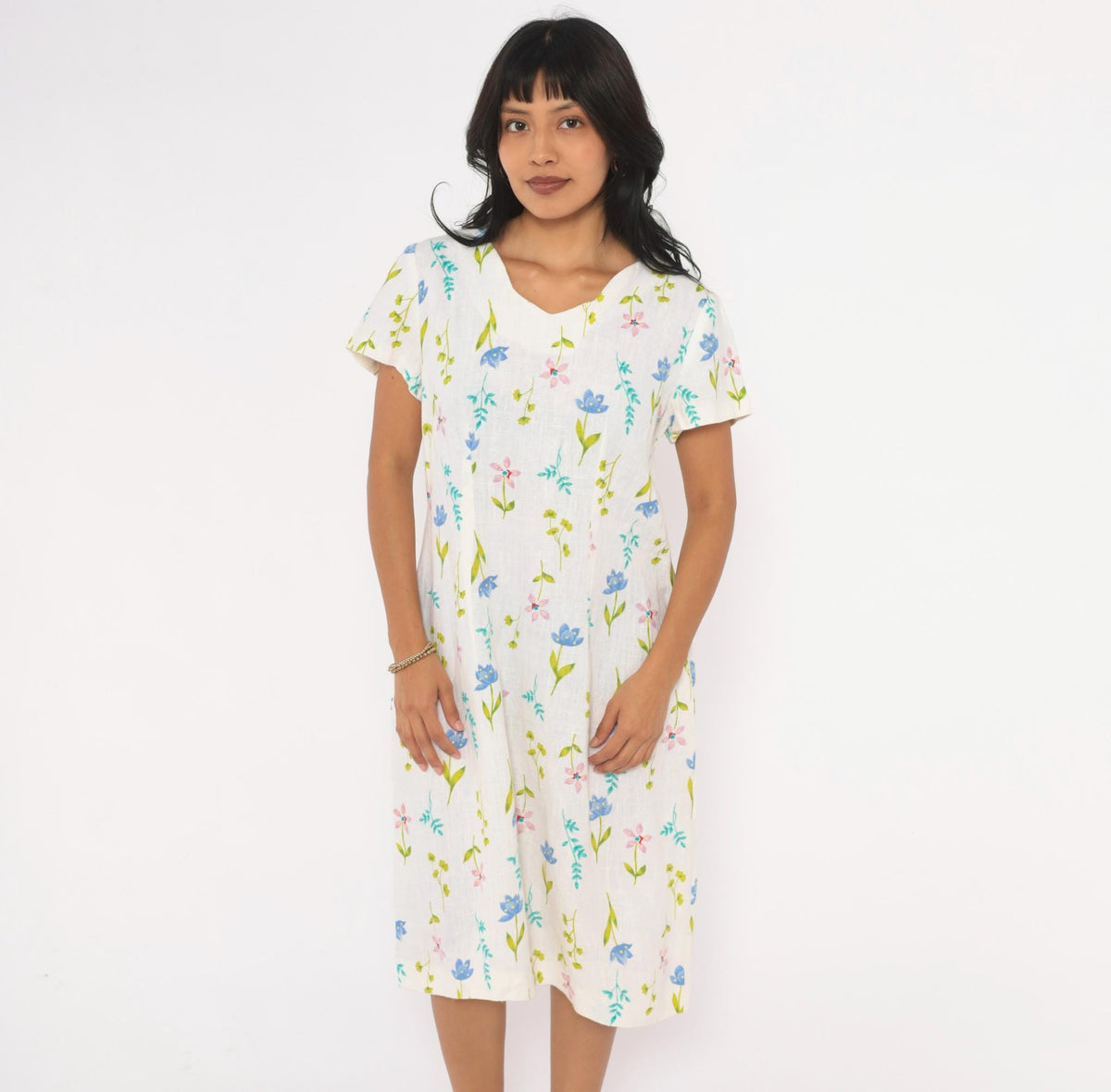 90s White Linen Floral Wildflower Dress V Neck Flutter Sleeve Knee Length Large L
