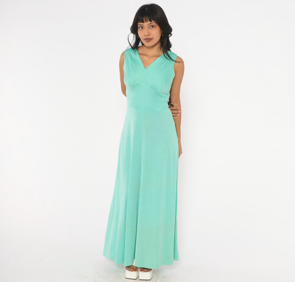 70s Mint Green Maxi Dress Sleeveless V-Neck Empire Waist A-Line Small