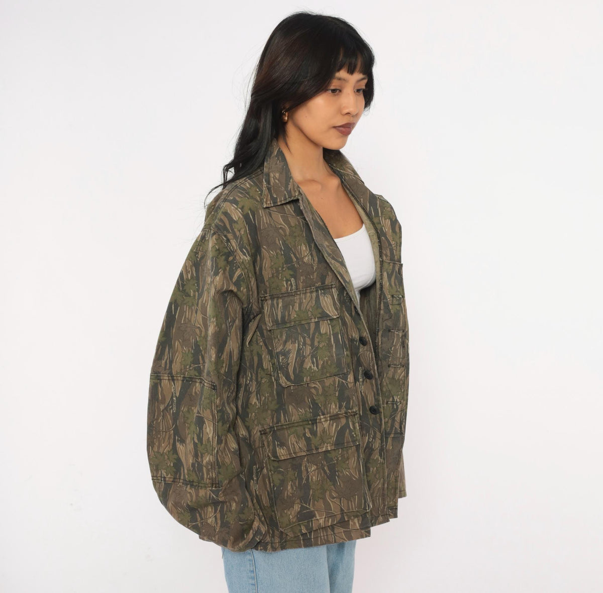 90s Camo Shirt Jacket Olive Brown Tree Leaf Print Button Front Cotton Large L