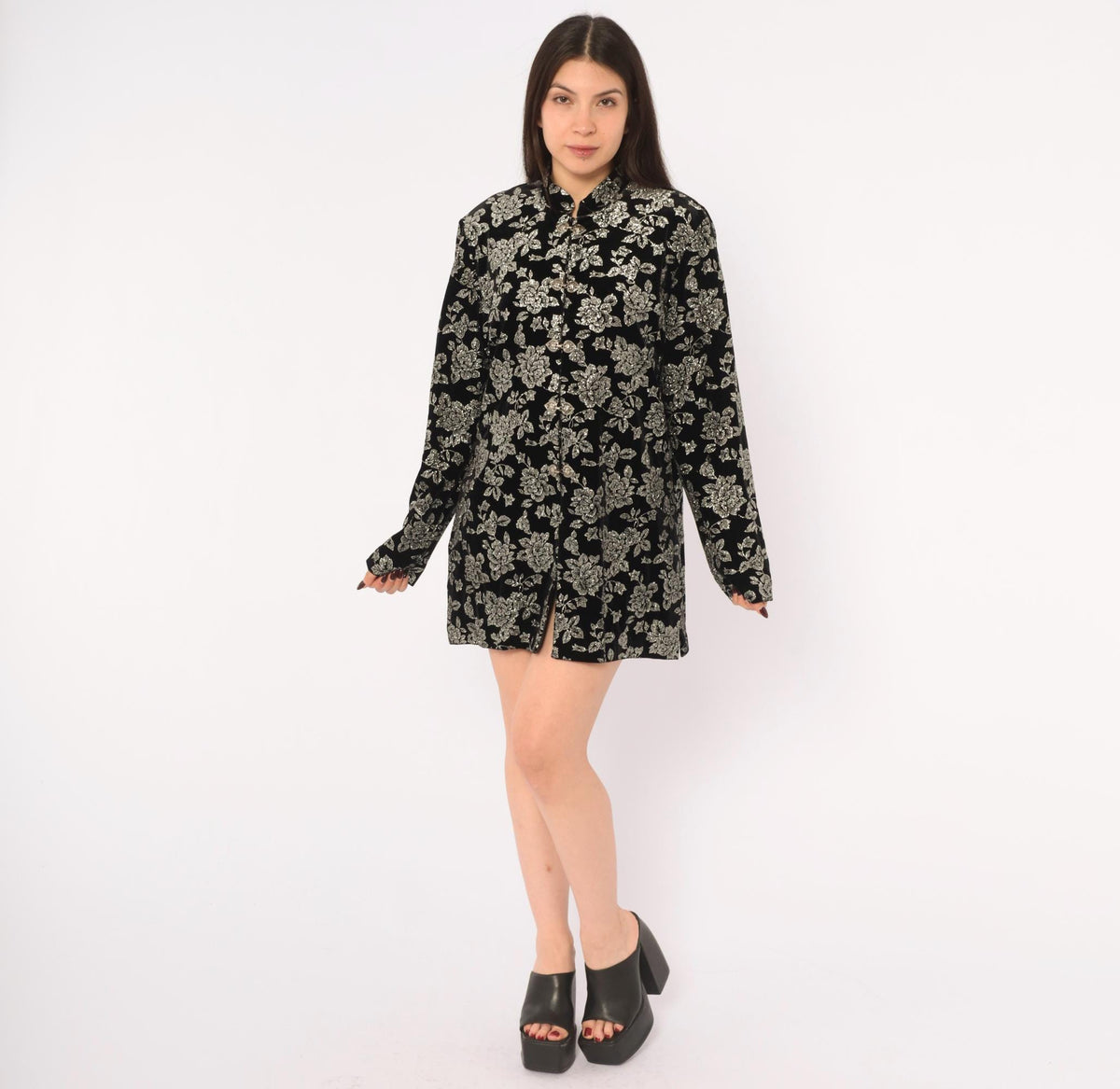 90s Black Velvet Jacket Silver Glitter Floral Mandarin Collar Large L