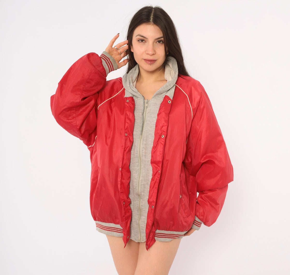 80s Bass Pro Shops Hooded Bomber Jacket Red Grey Raglan Windbreaker Medium