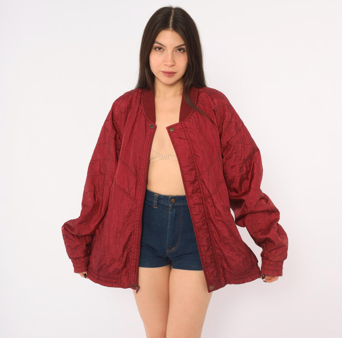 80s Burgundy Bomber Jacket Nylon Windbreaker Snap Collar Lined Large L