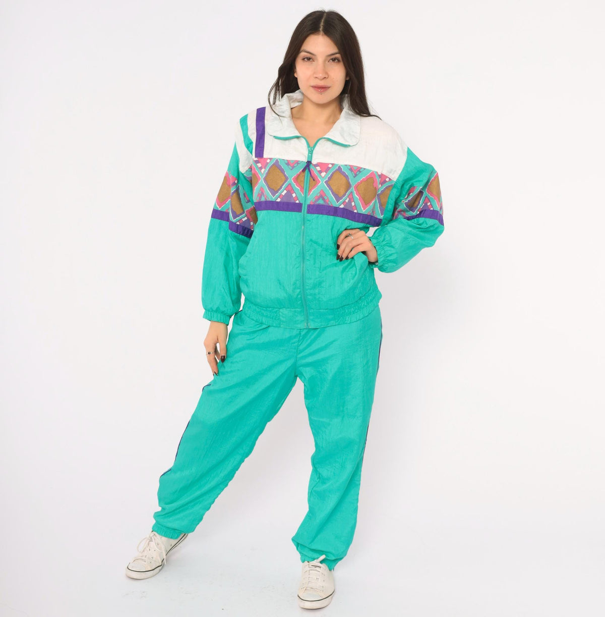 90s PS Sport Teal Tracksuit Set Windbreaker Jacket Jogger Pants Geometric Diamond Print Small