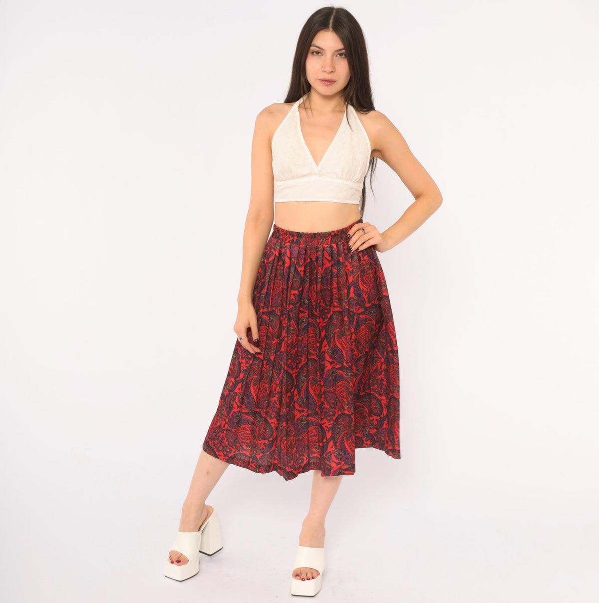90s Paisley A-Line Skirt Red Black Purple Print Elastic Waist Large L