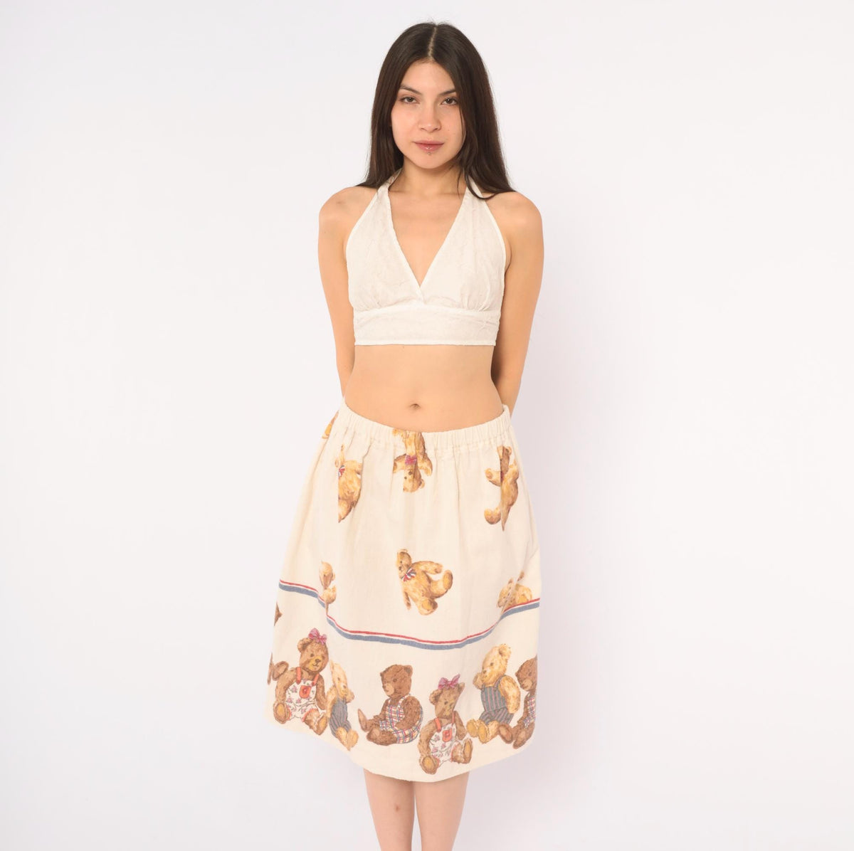 80s Teddy Bear Print Cotton Flannel Skirt Cream A-Line Medium