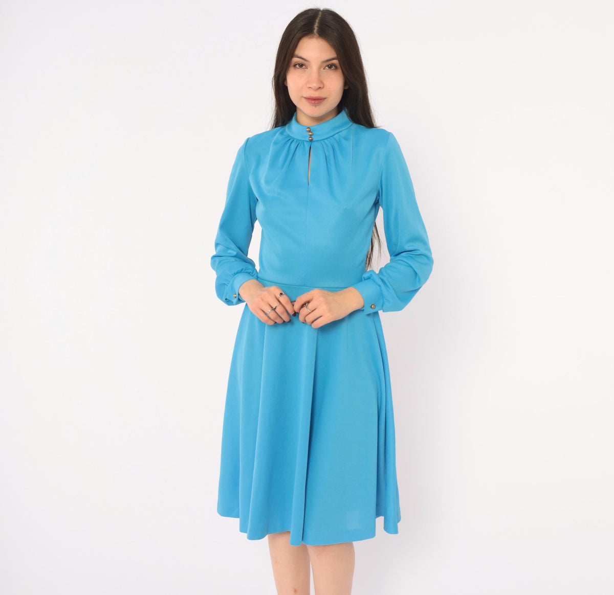 70s Sky Blue A-Line Dress Long Sleeve Keyhole Gold Buttons Small S