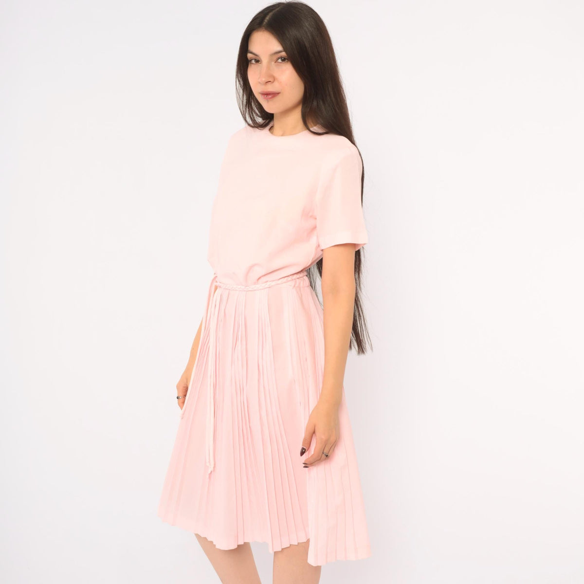60s Blush Pink Pleated Day Dress Blouson Dropped Waist Crew Neck Small S