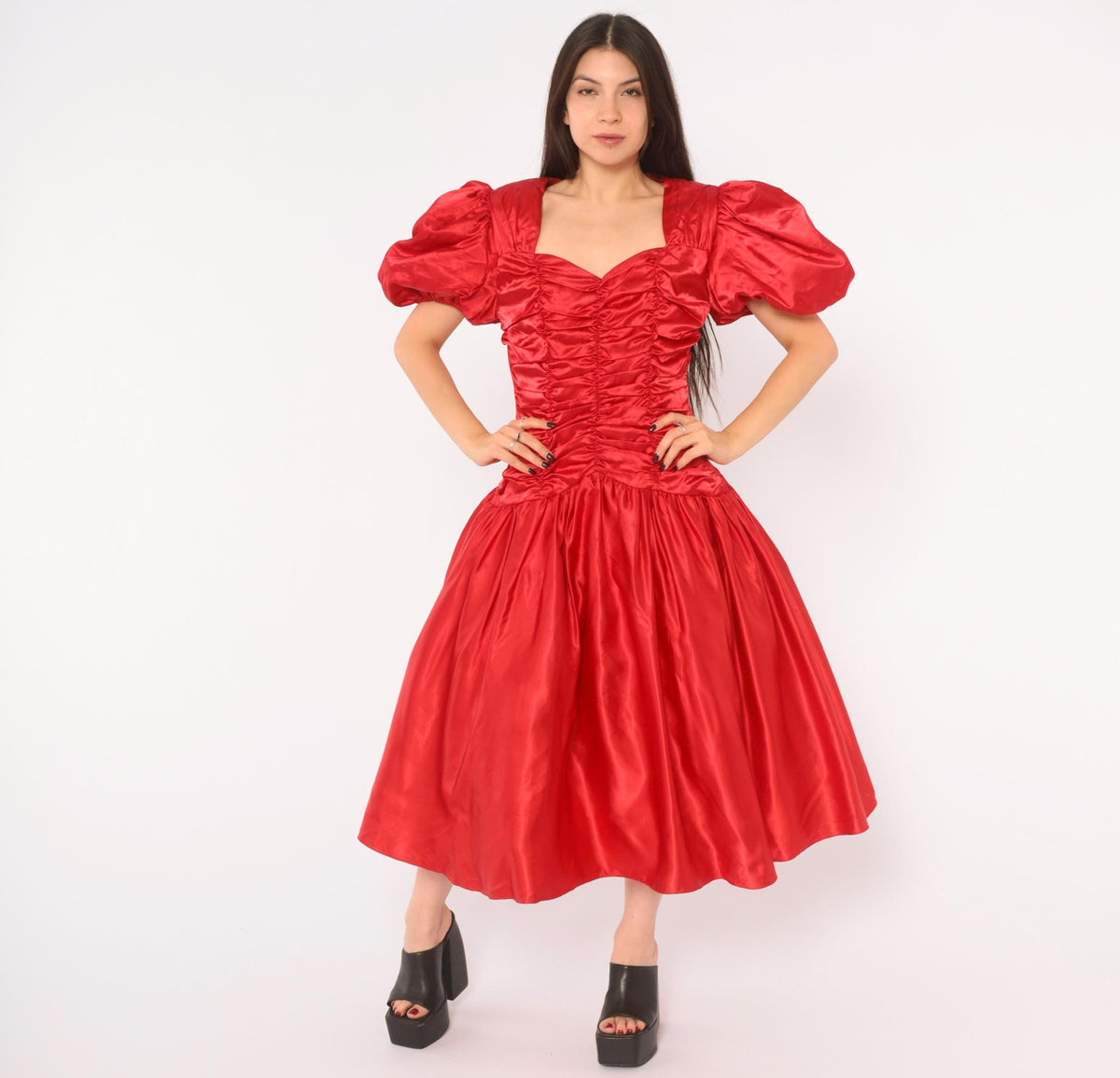 80s Red Prom Dress Sweetheart Neckline Puff Sleeve Open Back Midi Medium