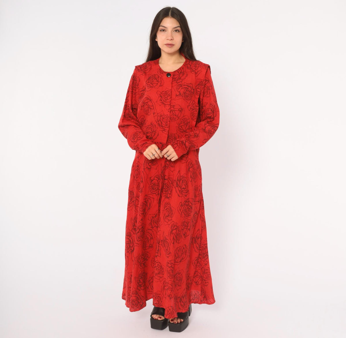 80s Red Rose Print Linen Dress Black Floral Ankle Length Button Front Medium