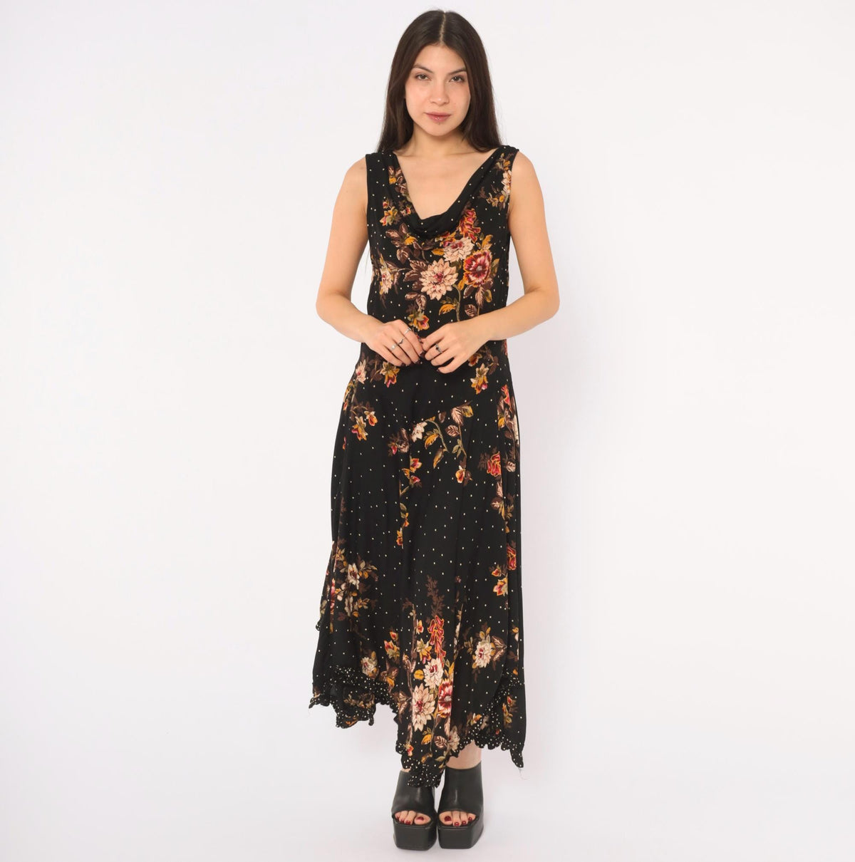 90s Black Floral Midi Dress Cowl Neck Handkerchief Hem Medium M