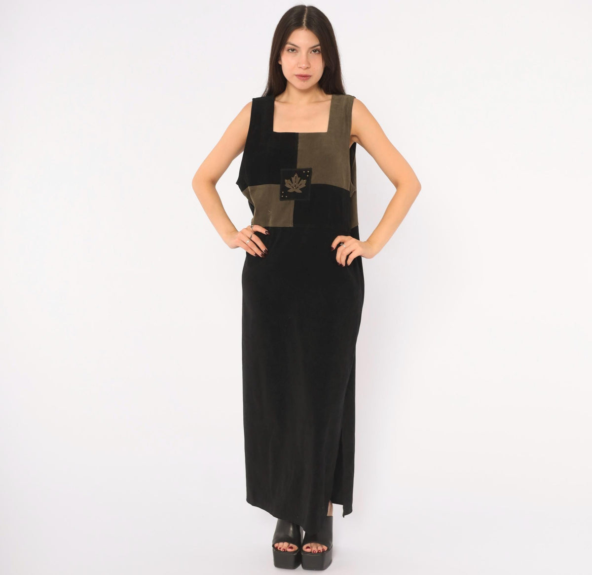 80s Jaclyn Smith Black Olive Color Block Maxi Dress Leaf Applique Extra Large XXL