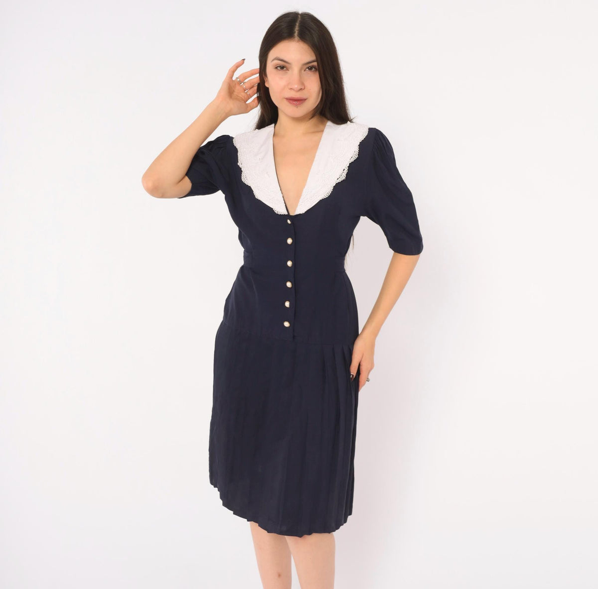 90s Navy Lace Collar Dress White Pearl Buttons Puff Sleeve Pleated Skirt Small