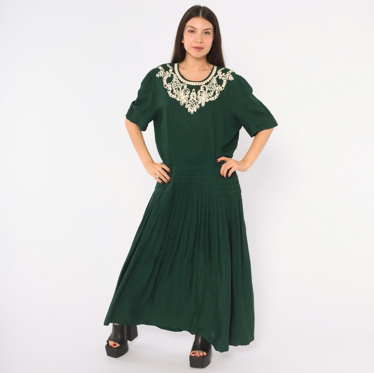 90s Plaza South Forest Green Maxi Dress Embroidered Floral Drop Waist Extra Large