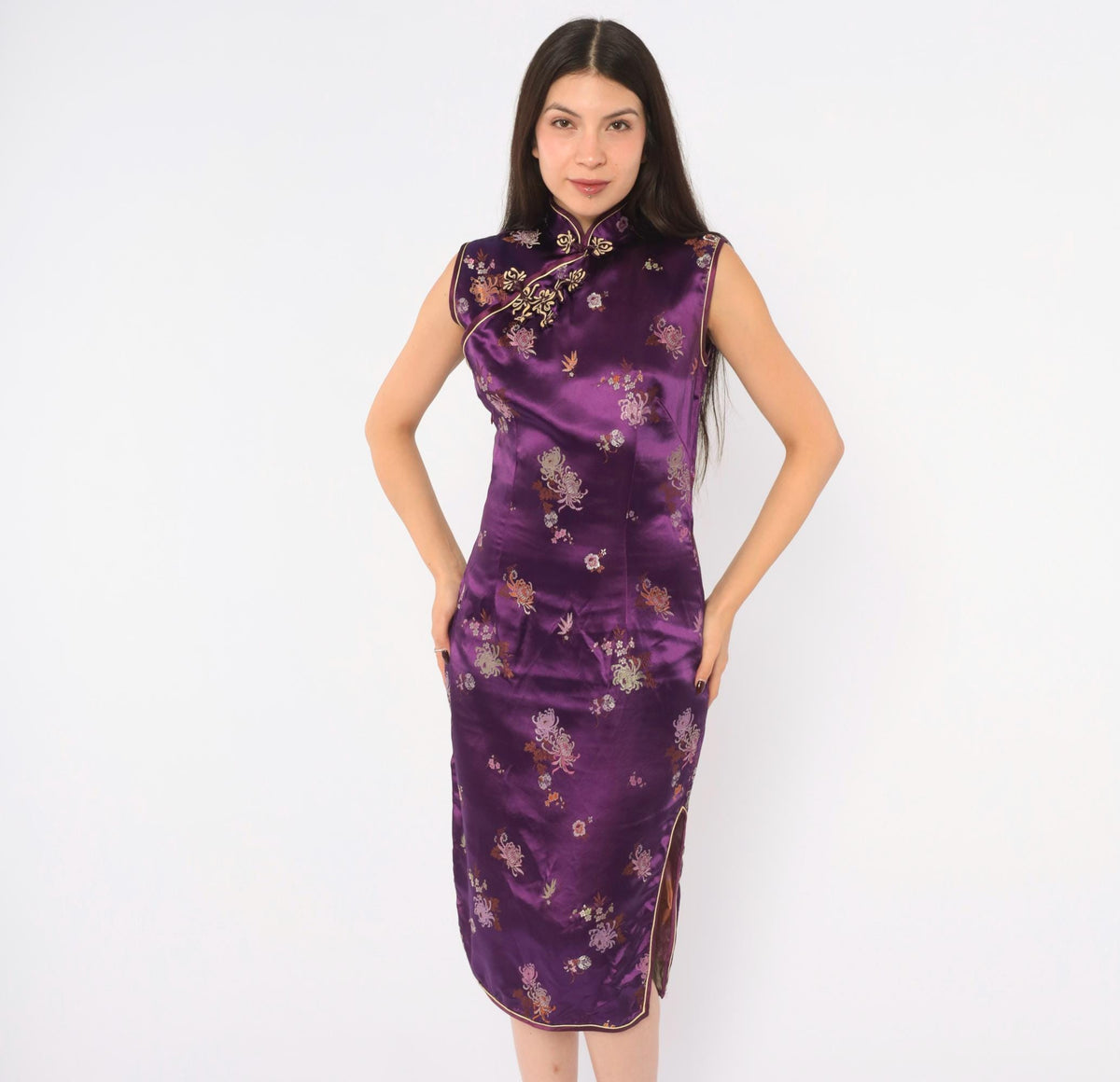 Y2K Purple Cheongsam Dress Floral Brocade Mandarin Collar Frog Button XS