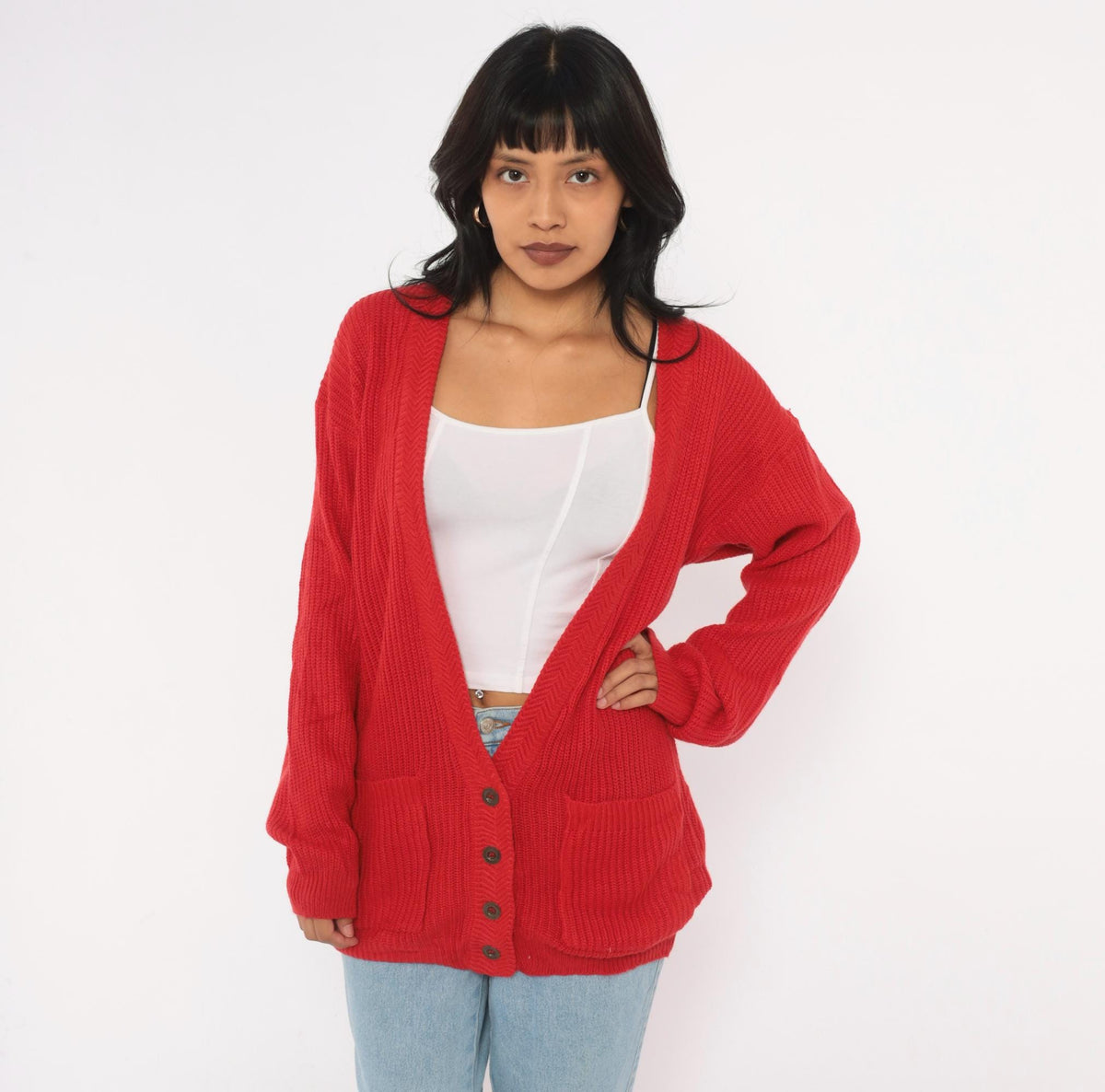 80s Steppingstones Red Chunky Knit Cardigan V-Neck Button Front Small